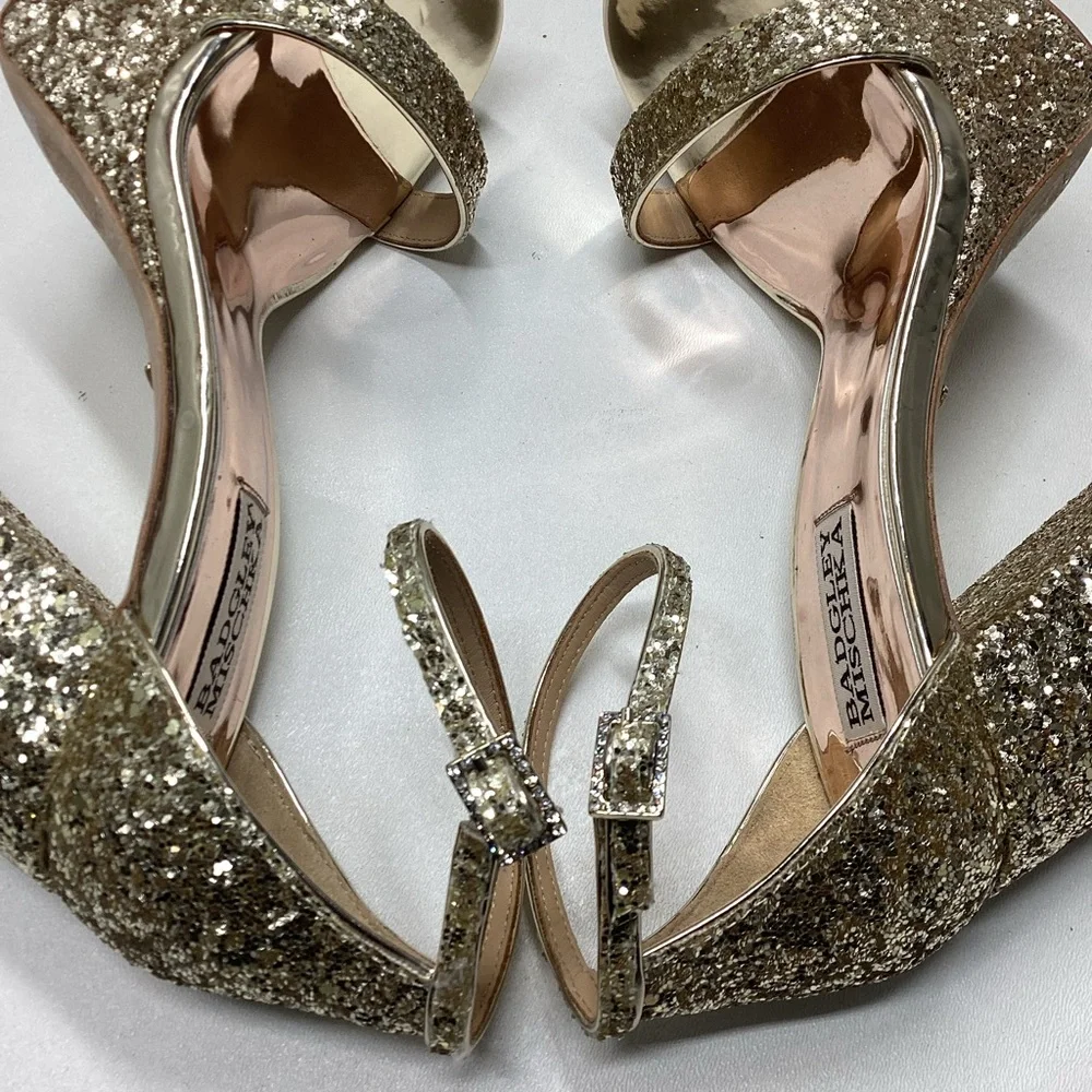 Badgley Mischka Party Platform Block Heel in‎ Gold Silver Glitter - Picture 10 of 16